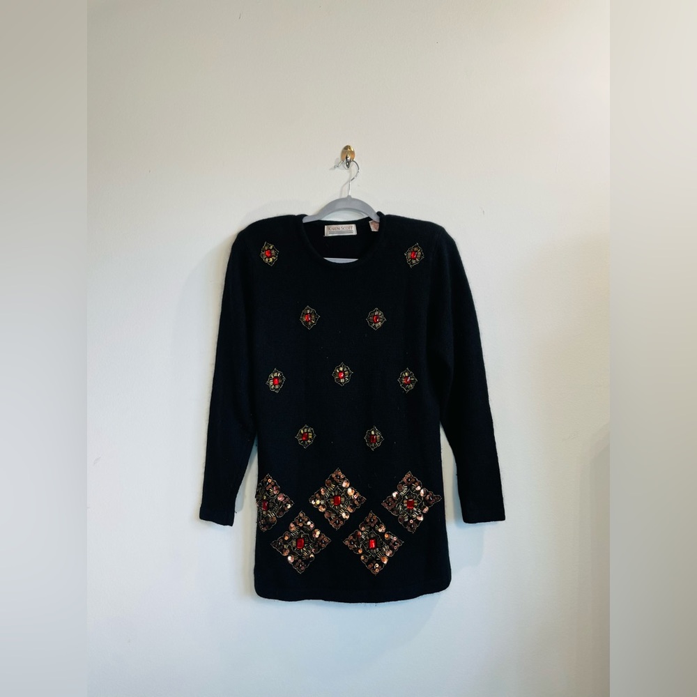 Karen Scott Wool Beaded Vintage Designer Angora Silk Sweater Mini Dress 80s